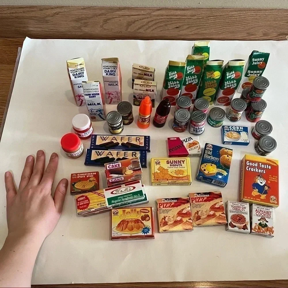 Lot 45 Vtg Pretend Play Food Mini Boxes Cans Coca Cola Progreso Milk Pizza Pasta - Picture 2 of 16